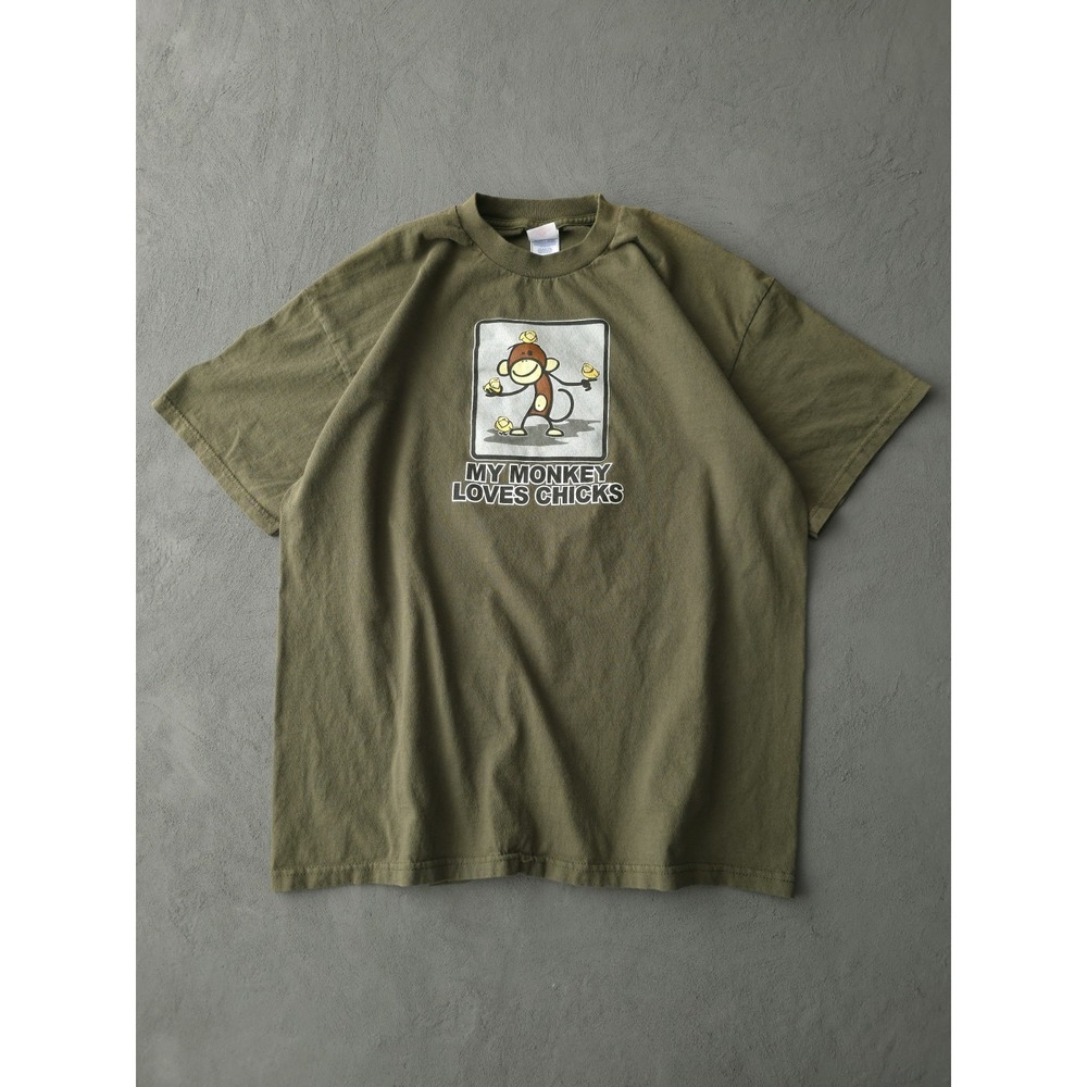 Vintage 2000s Y2K My Monkey Loves Chicks Green T-shirt Funny XL